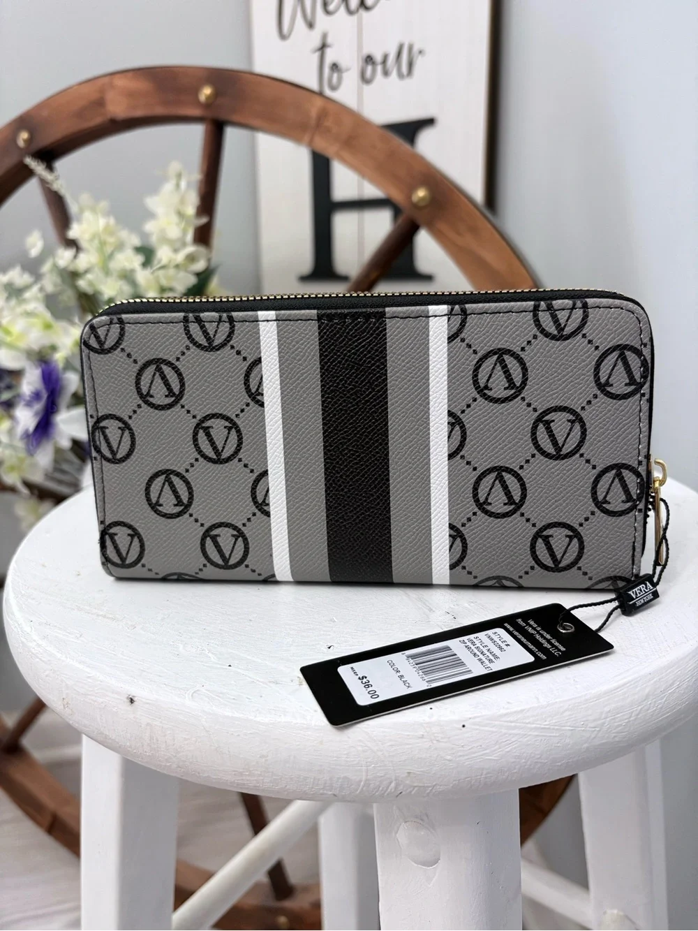 Vera New York Gray Logo Zip-Around Wallet with Stripe NWT